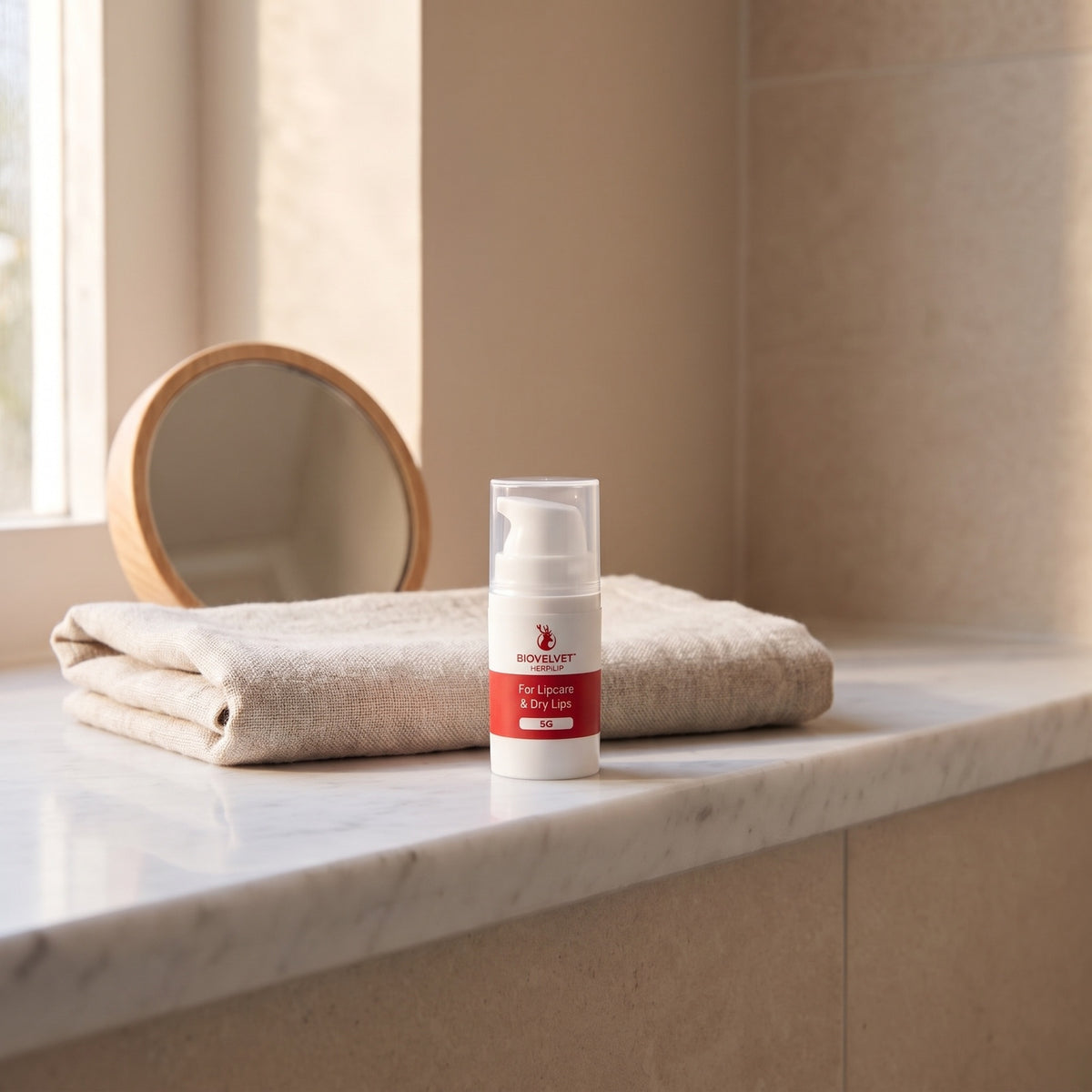 BIOVELVET Herpilip 5g pump on a marble bathroom shelf next to a linen towel