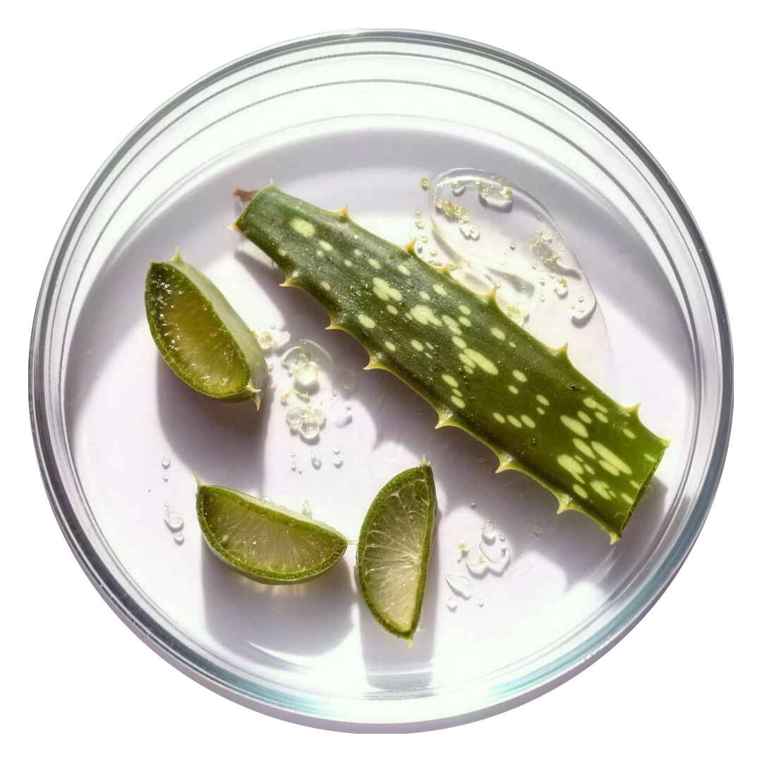 Aloe vera leaf pieces in a glass petri dish
